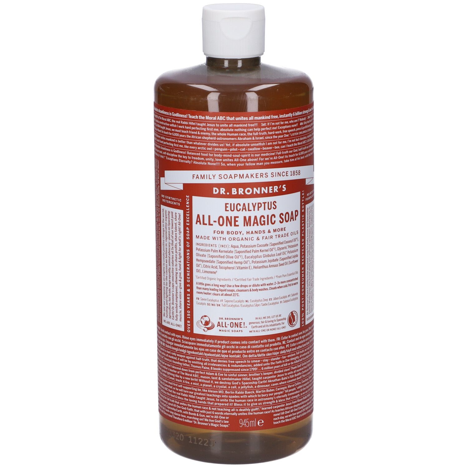Bottiglia marrone con tappo bianco. Scritta: Dr. Bronner's Eucalyptus All-One Magic Soap. 945ml.