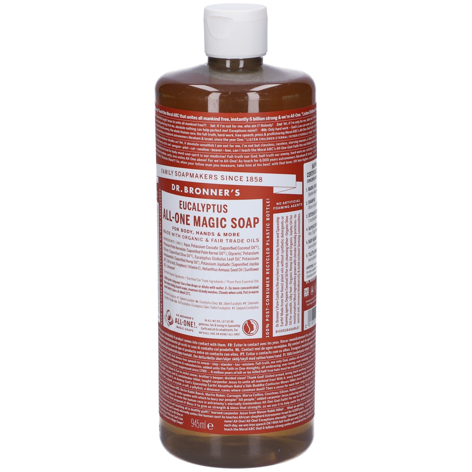 Bottiglia marrone con tappo bianco. Scritta: Dr. Bronner's Eucalyptus All-One Magic Soap. 945ml.