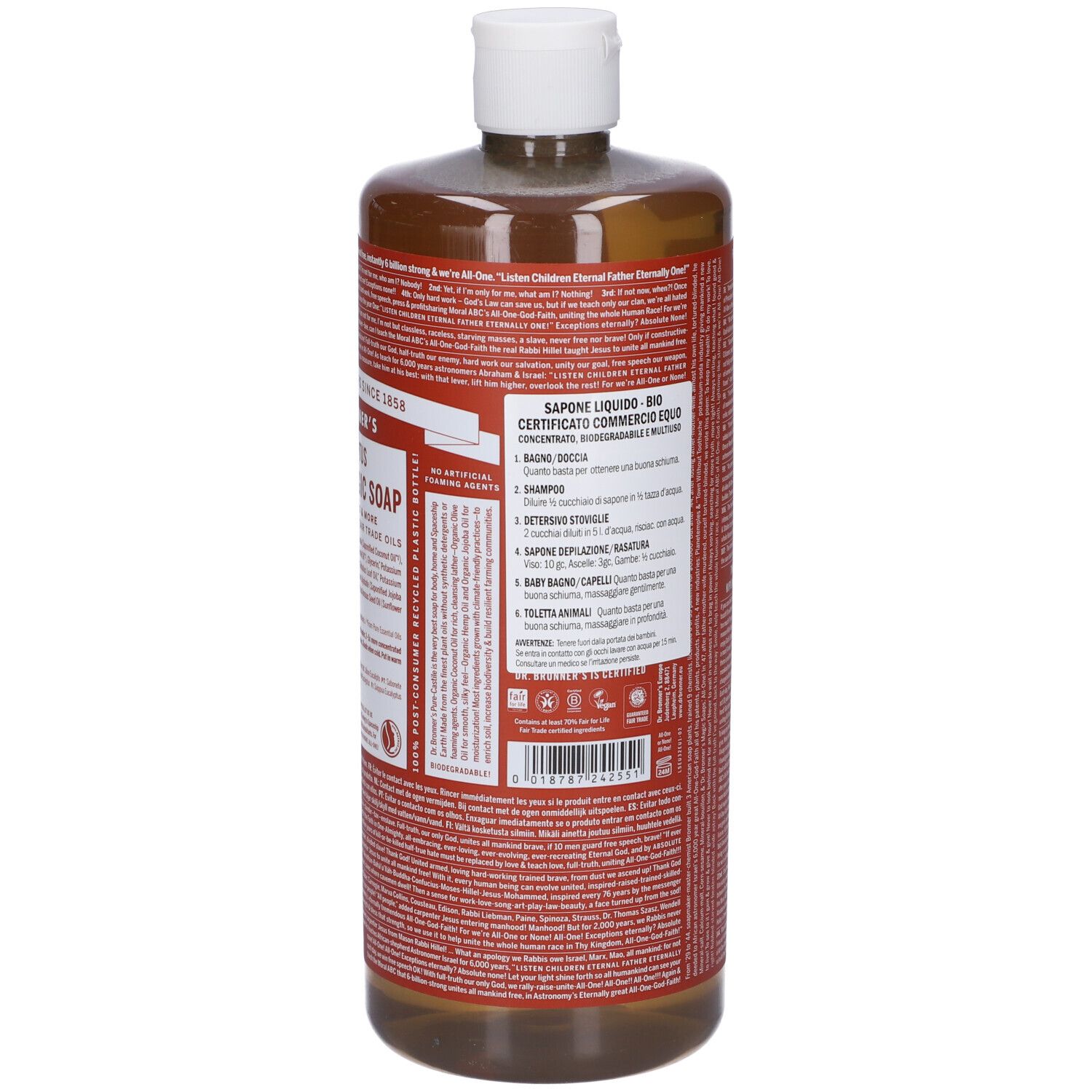 Bottiglia marrone con tappo bianco. Etichetta con testo. Scritta: Dr. Bronner's. 945ml.