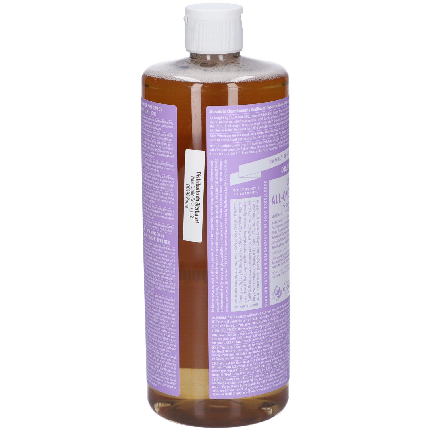 Flacone con etichetta viola. Adesivo sul retro. Tappo bianco. Liquido trasparente.