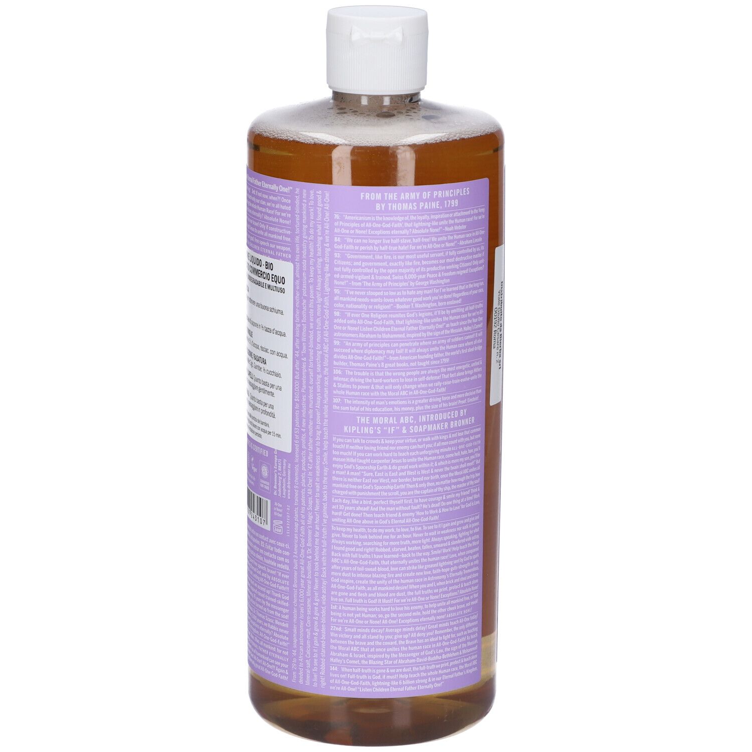 Flacone con etichetta viola. Testo sul retro. Tappo bianco. Liquido trasparente.