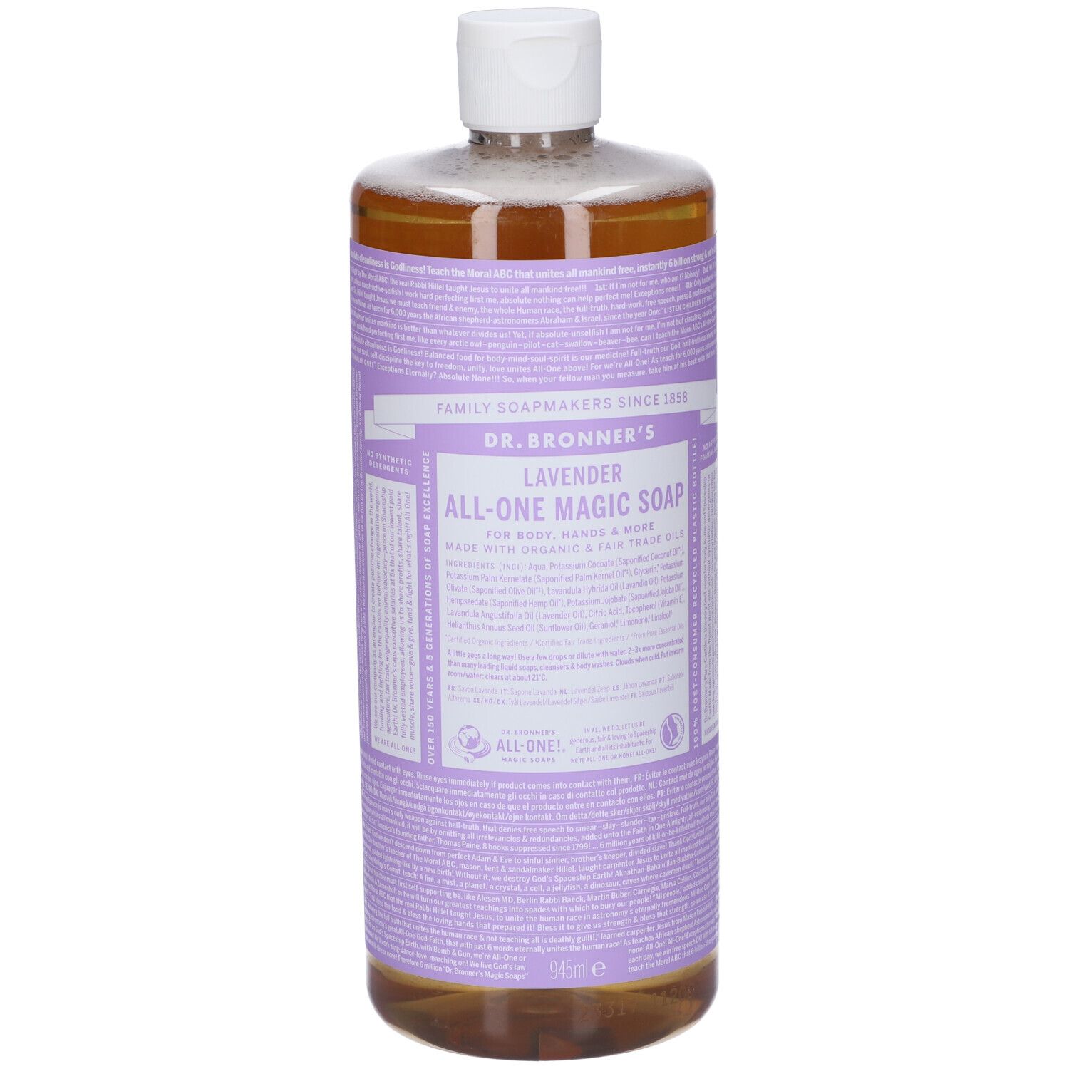 Flacone con etichetta viola. Scritta: DR. BRONNER'S LAVENDER ALL-ONE MAGIC SOAP. Tappo bianco. Liquido trasparente.