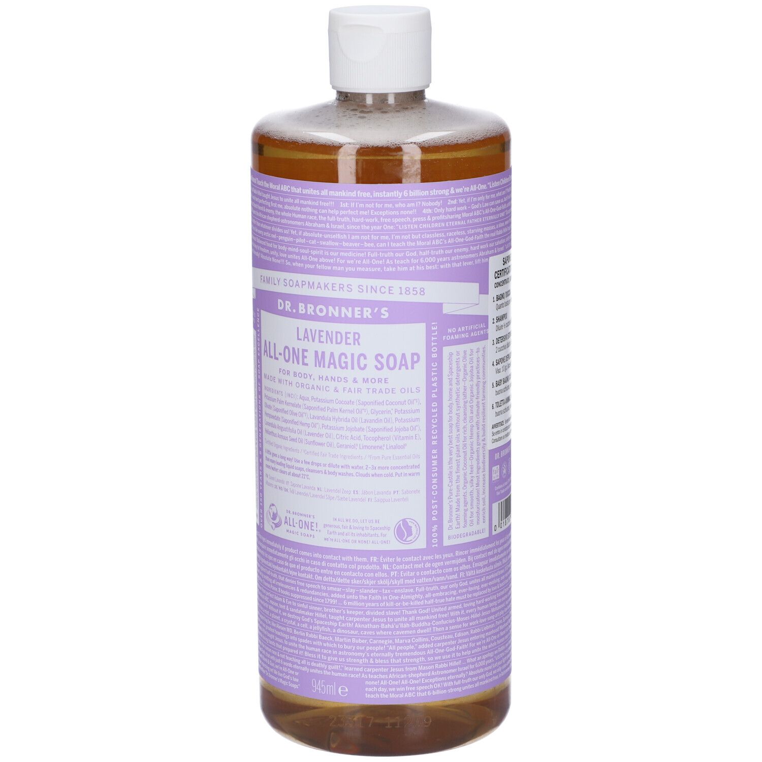 Flacone con etichetta viola. Scritta: DR. BRONNER'S LAVENDER ALL-ONE MAGIC SOAP. Tappo bianco. Liquido trasparente.