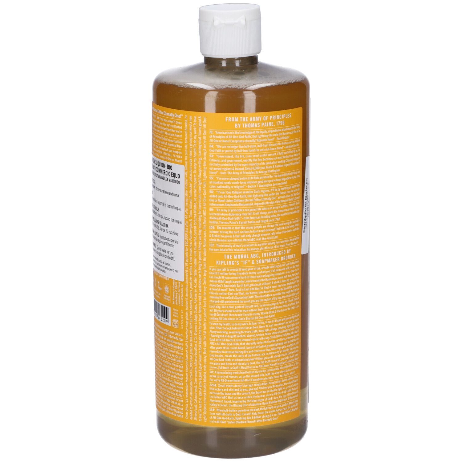 Flacone con etichetta gialla. Tappo bianco. Liquido trasparente visibile. Vista posteriore con testo.