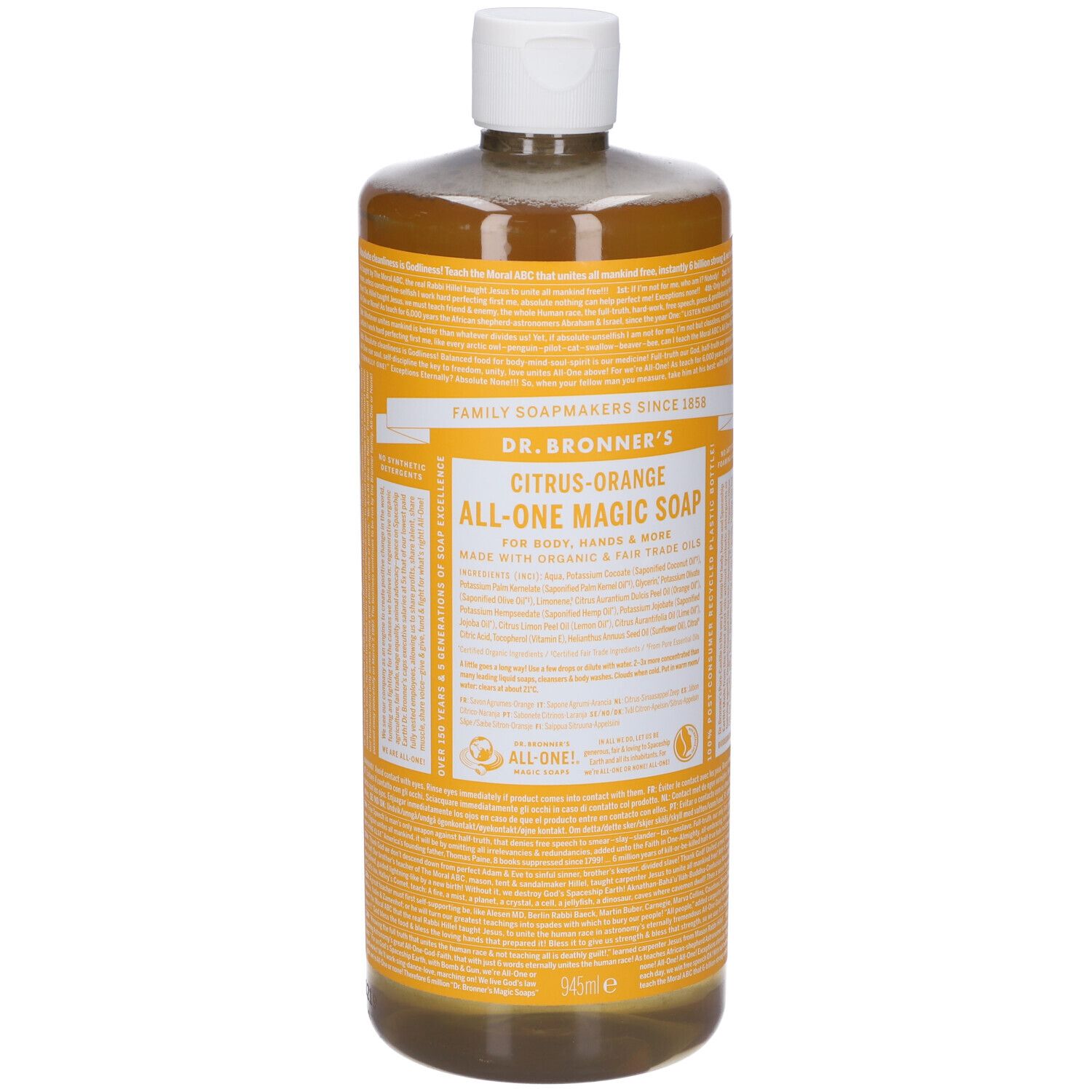 Flacone cilindrico con etichetta gialla. Scritta: Citrus-Orange All-One Magic Soap. Tappo bianco. Liquido trasparente visibile.