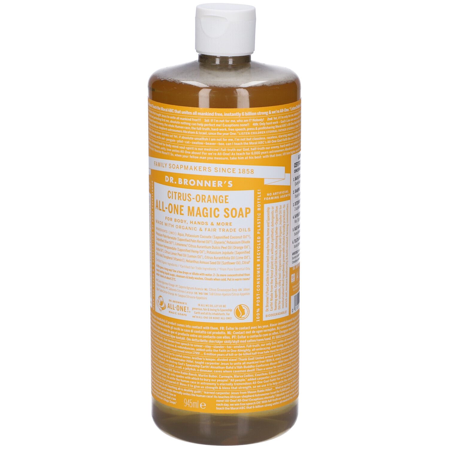 Flacone cilindrico con etichetta gialla. Scritta: Citrus-Orange All-One Magic Soap. Tappo bianco. Liquido trasparente visibile.