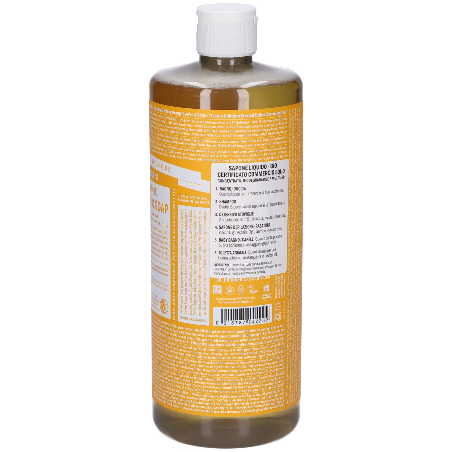 Flacone con etichetta gialla. Scritta: Citrus-Orange All-One Magic Soap. Tappo bianco. Liquido trasparente visibile. Vista posteriore con testo.