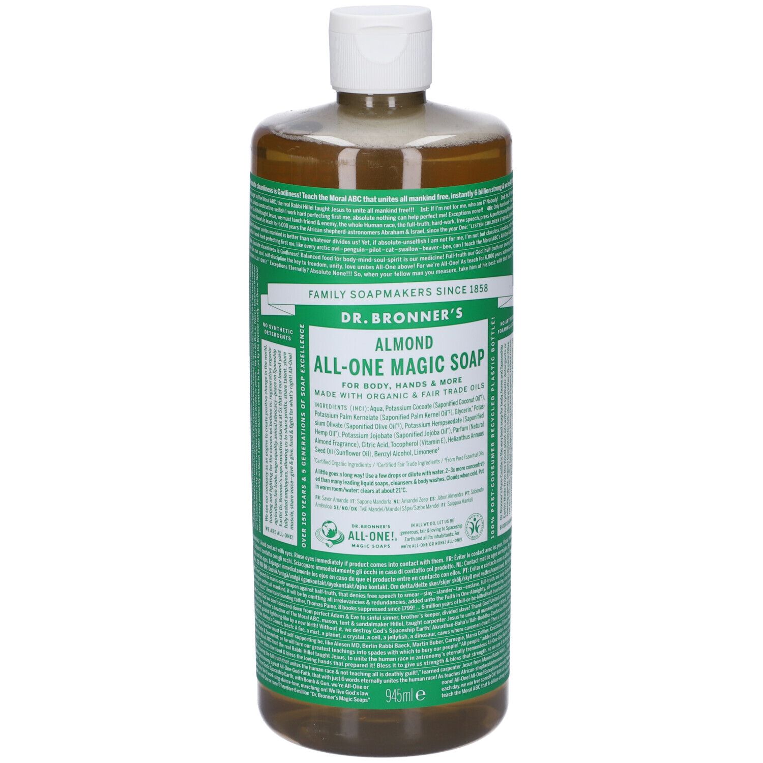 Sapone liquido in una bottiglia trasparente con etichetta verde. L'etichetta riporta "DR. BRONNER'S ALMOND ALL-ONE MAGIC SOAP".