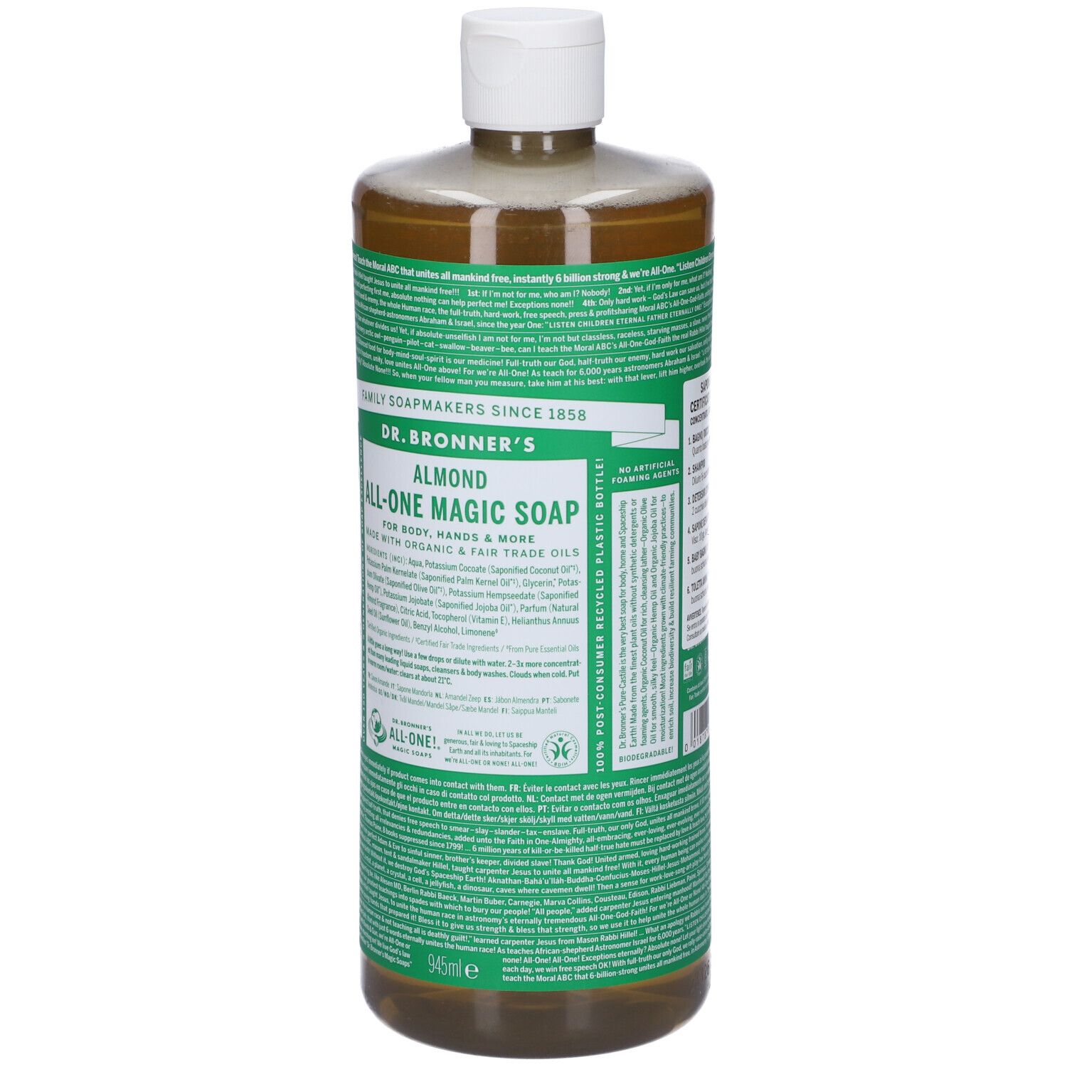 Sapone liquido in una bottiglia trasparente con etichetta verde. L'etichetta riporta "DR. BRONNER'S ALMOND ALL-ONE MAGIC SOAP".