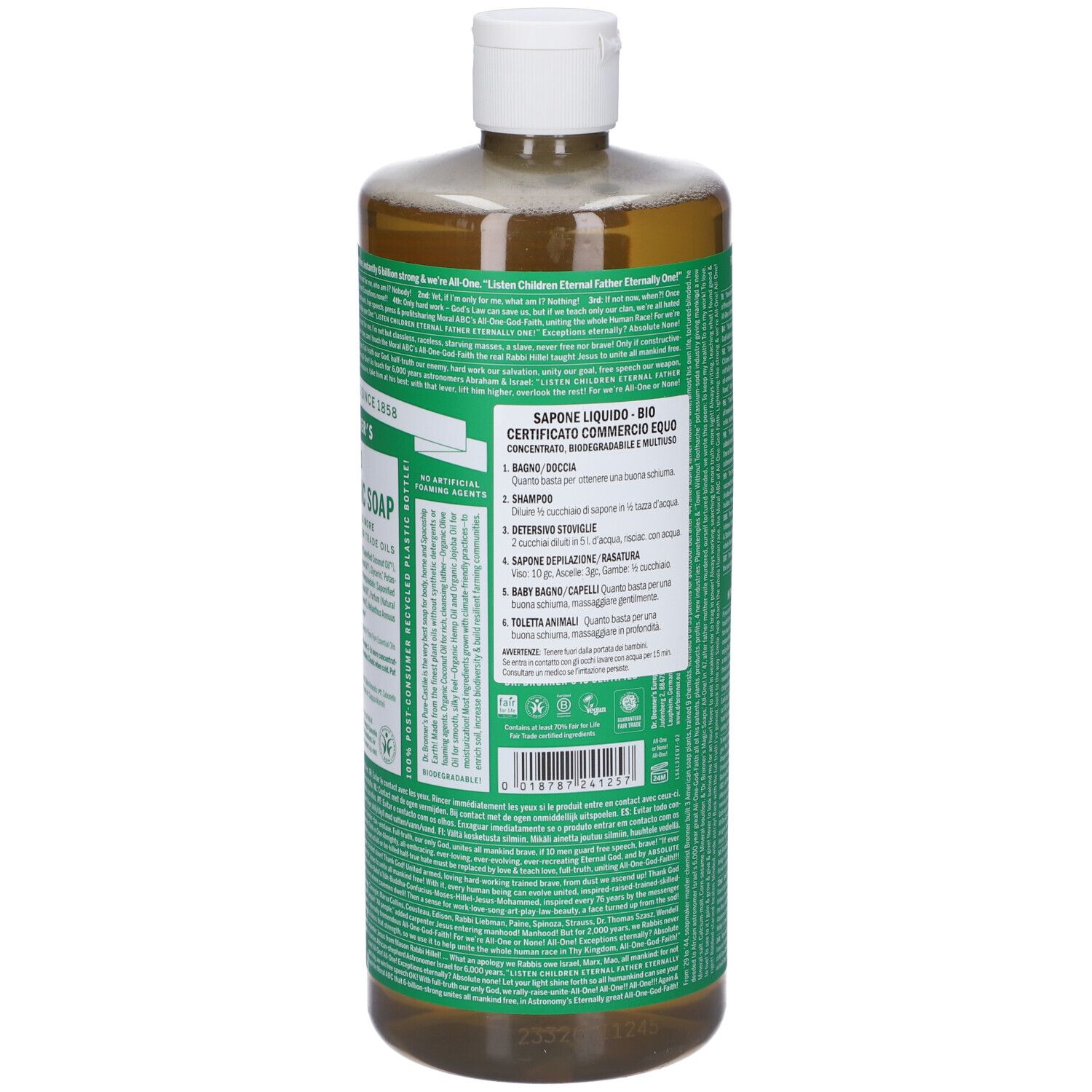 Vista posteriore di una bottiglia trasparente con etichetta verde. L'etichetta contiene testo. Il collo della bottiglia è bianco.