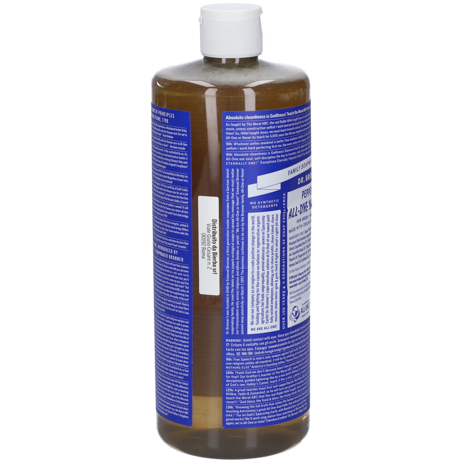 Vista posteriore del flacone di sapone Dr. Bronner's Peppermint All-One Magic. Etichetta blu con testo. Tappo bianco.