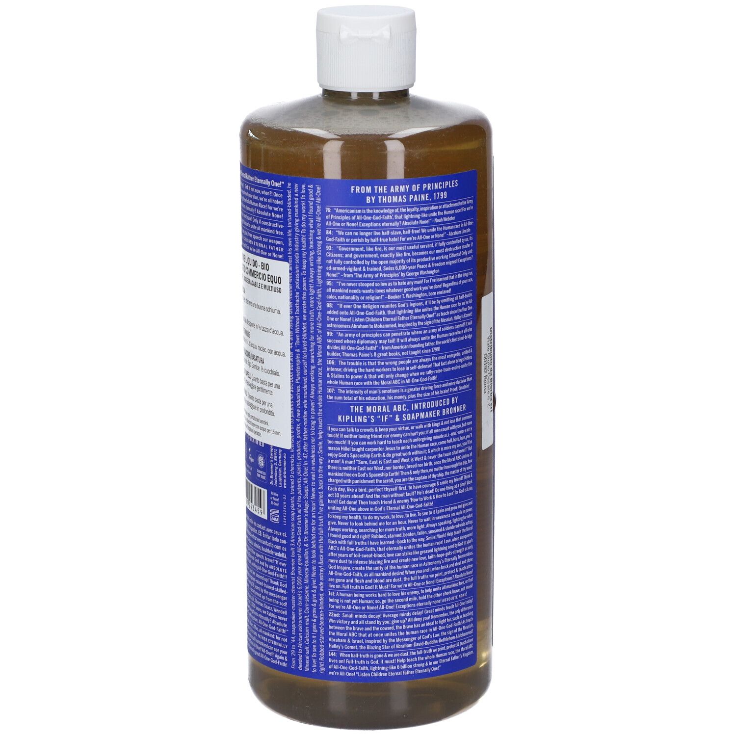 Vista posteriore del flacone di sapone Dr. Bronner's Peppermint All-One Magic. Etichetta blu con testo. Tappo bianco.