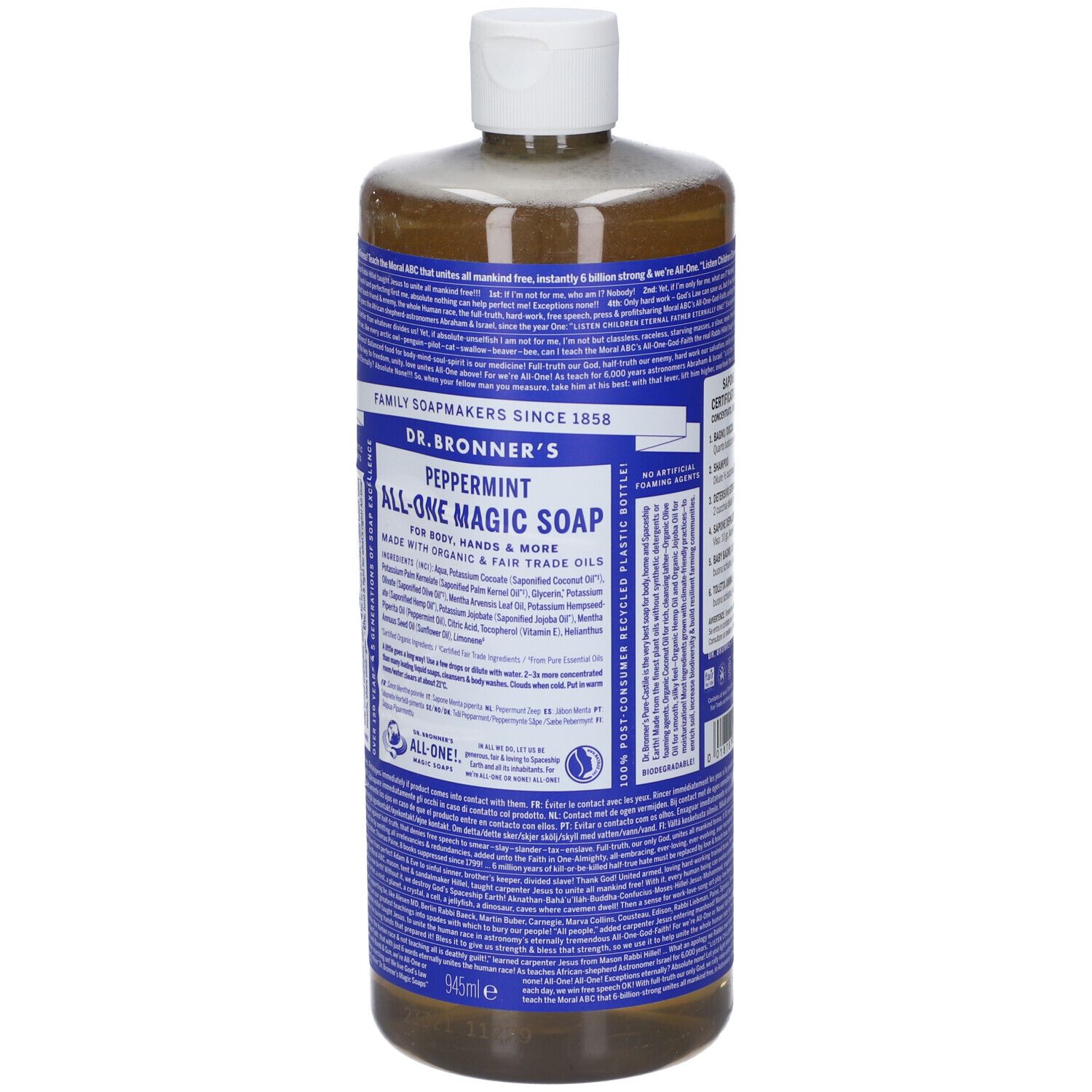 Flacone di sapone Dr. Bronner's Peppermint All-One Magic. Tappo bianco, etichette blu con testo. Liquido trasparente.