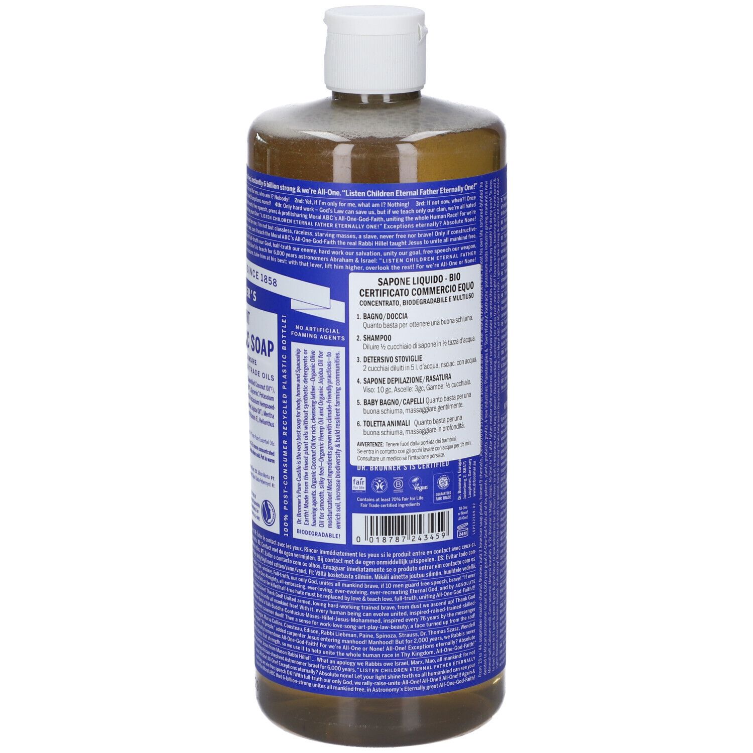 Vista posteriore del flacone di sapone Dr. Bronner's Peppermint All-One Magic. Etichetta blu con testo. Tappo bianco.