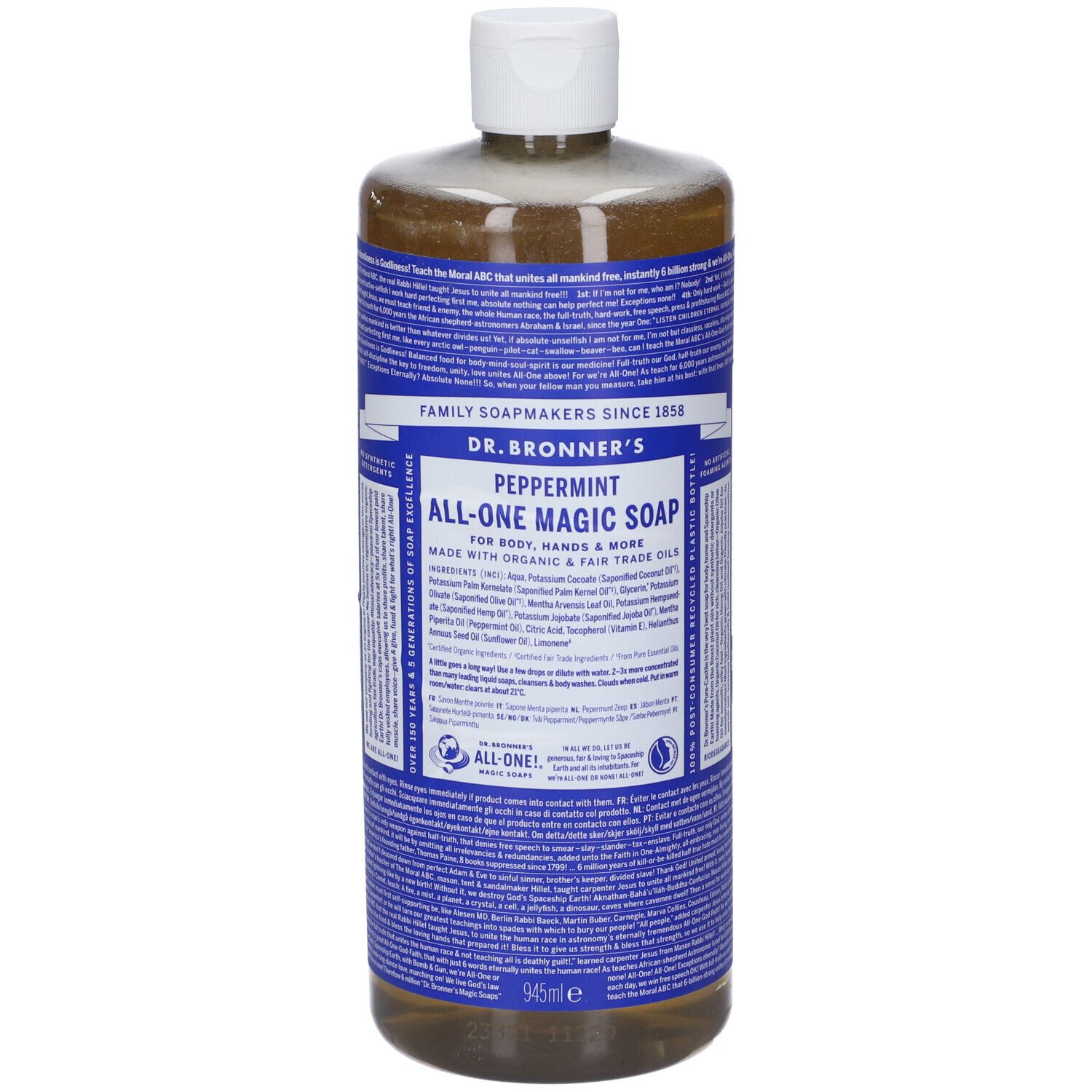 Flacone di sapone Dr. Bronner's Peppermint All-One Magic. Tappo bianco, etichette blu con testo. Liquido trasparente.