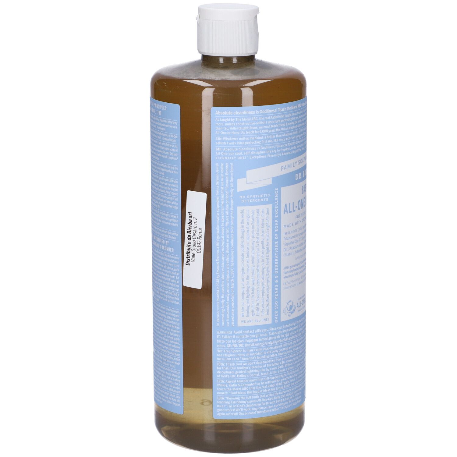 Bottiglia con tappo bianco ed etichetta blu e bianca. Informazioni sul retro e adesivo visibile.