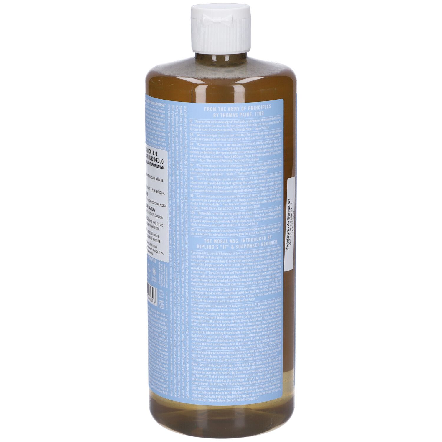 Bottiglia con tappo bianco ed etichetta blu e bianca. Retro con testo in diverse lingue.