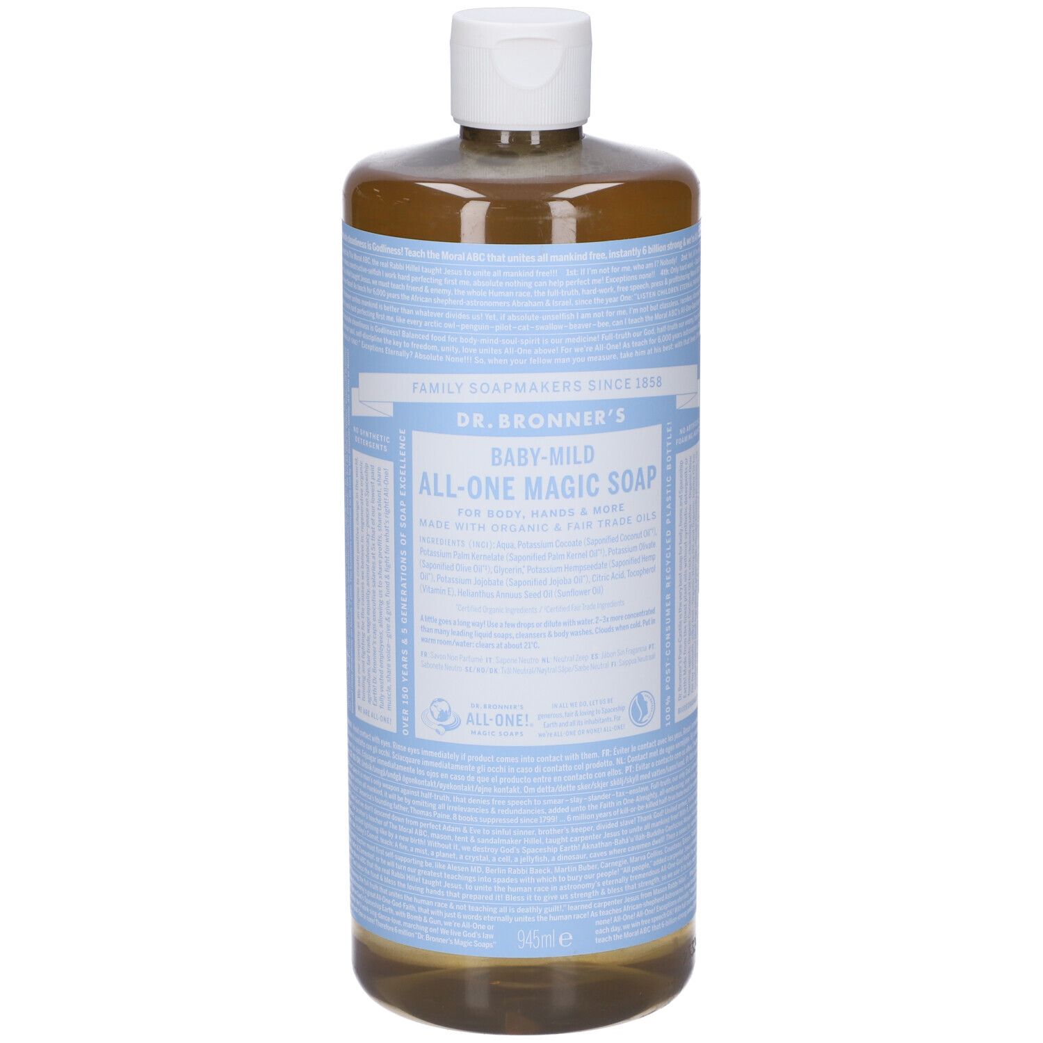 Bottiglia con tappo bianco ed etichetta blu e bianca. Scritta: DR. BRONNER'S BABY-MILD ALL-ONE MAGIC SOAP.