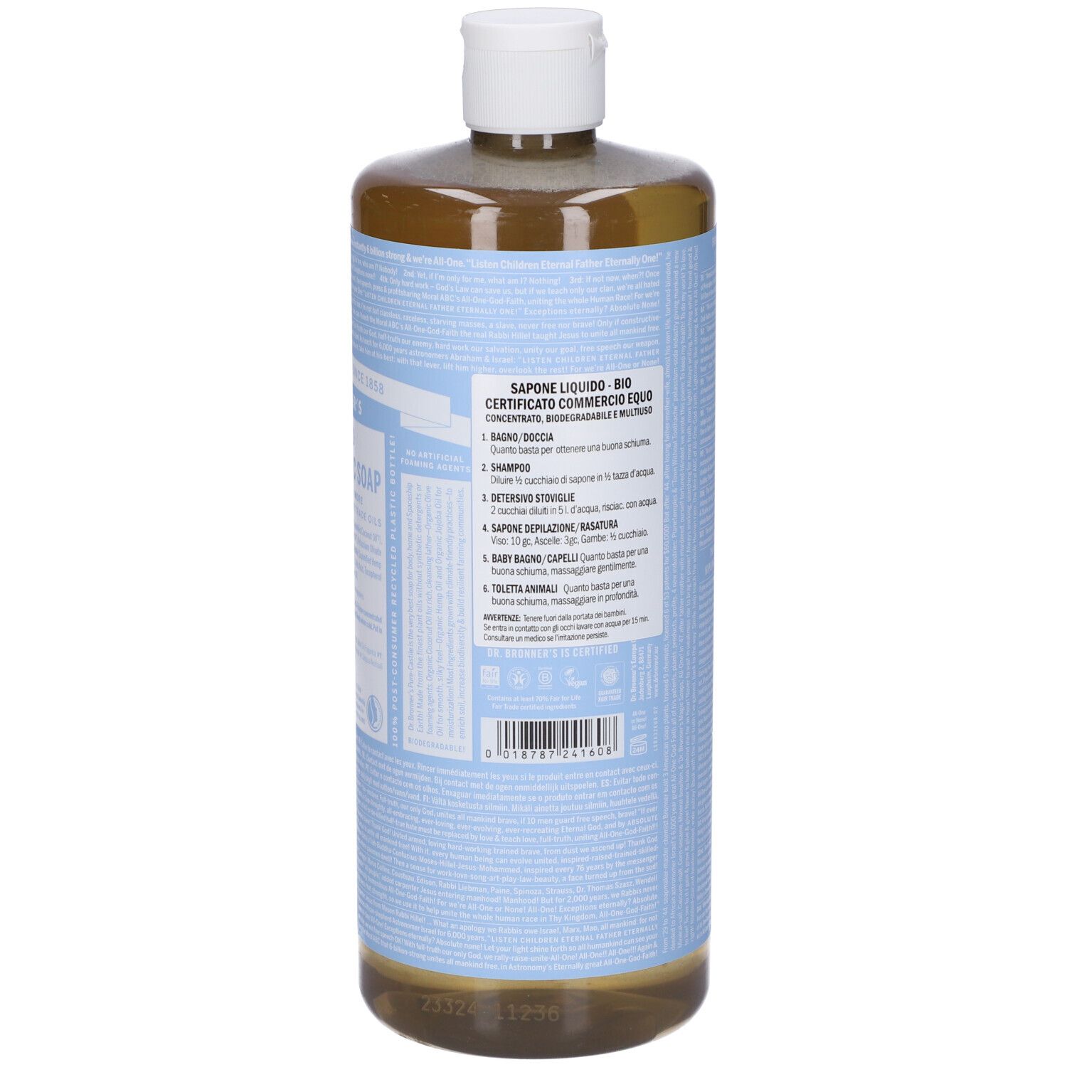 Bottiglia con tappo bianco ed etichetta blu e bianca. Retro con testo in italiano.