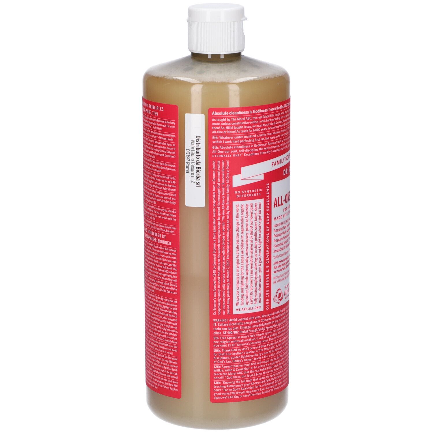 Flacone di sapone DR. BRONNER'S Rose All-One Magic Soap. Etichette rosse con testo. Tappo bianco. Vista laterale.