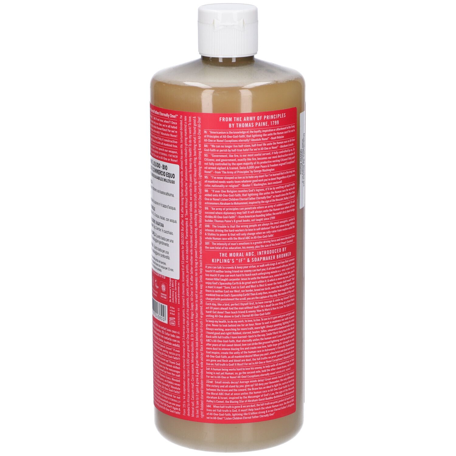 Flacone di sapone DR. BRONNER'S Rose All-One Magic Soap. Etichette rosse con testo. Tappo bianco. Vista posteriore.