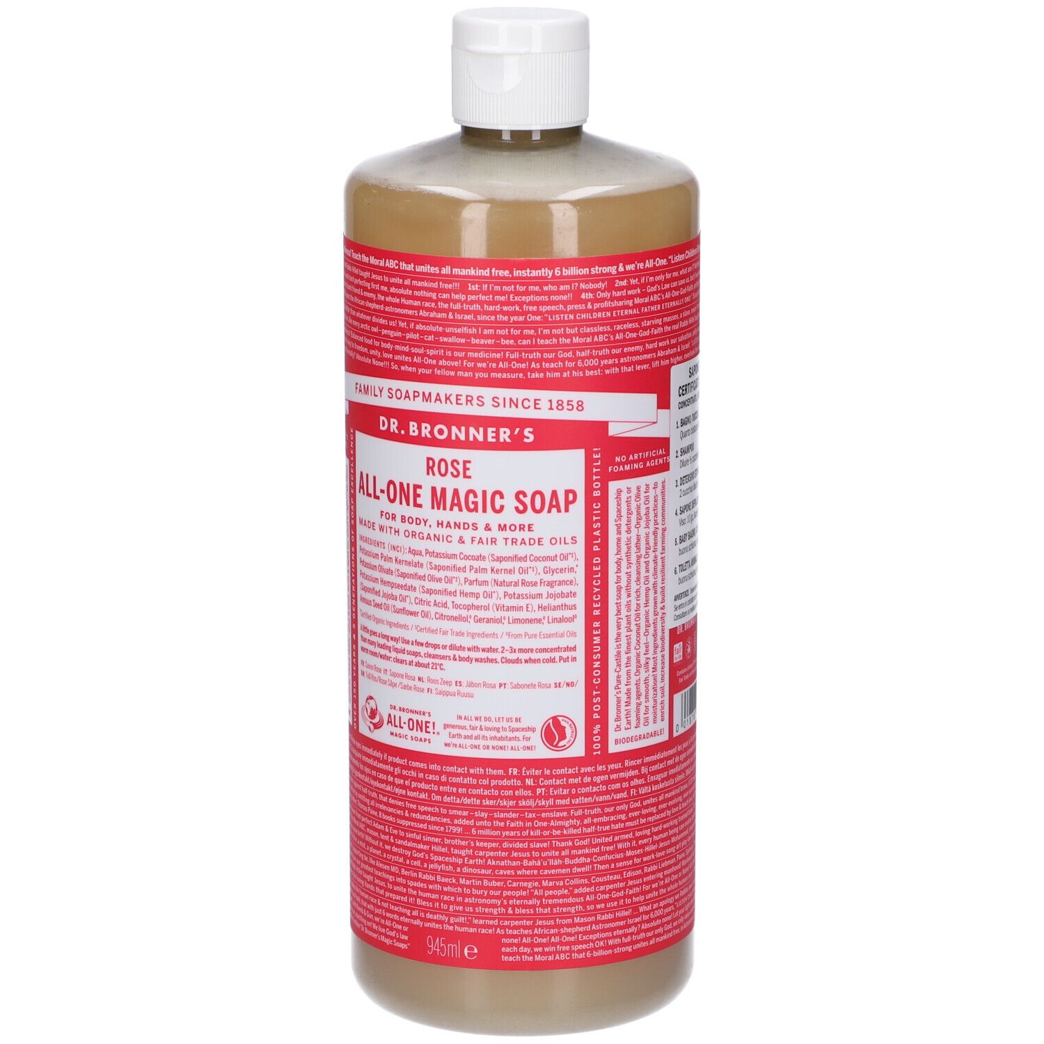 Flacone di sapone DR. BRONNER'S Rose All-One Magic Soap. Etichette rosse con testo. Tappo bianco. 945ml.