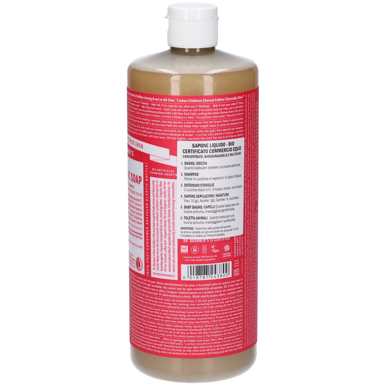 Flacone di sapone DR. BRONNER'S Rose All-One Magic Soap. Etichette rosse con testo. Tappo bianco. Vista posteriore con testo.