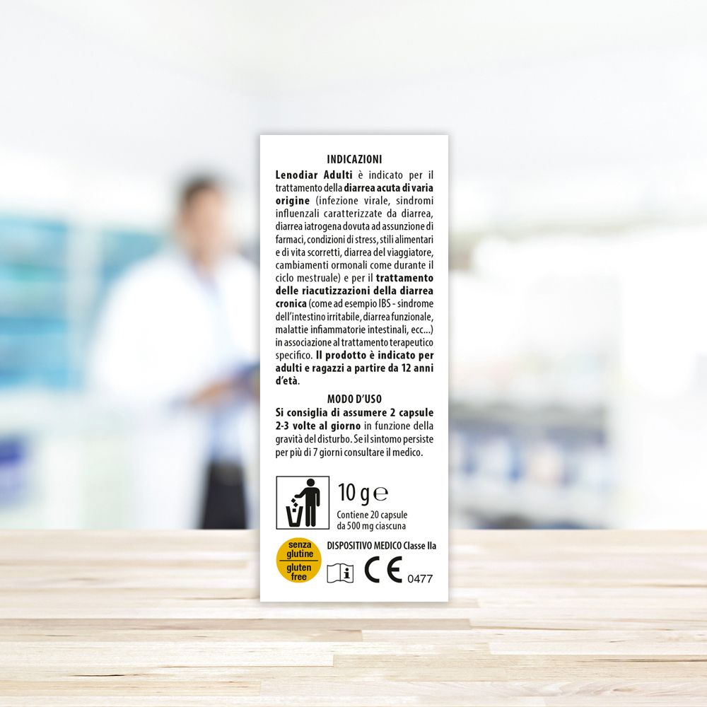 Flacone marrone, tappo dorato. Testo: Lenodiar Adulti. Contiene capsule. Aboca.