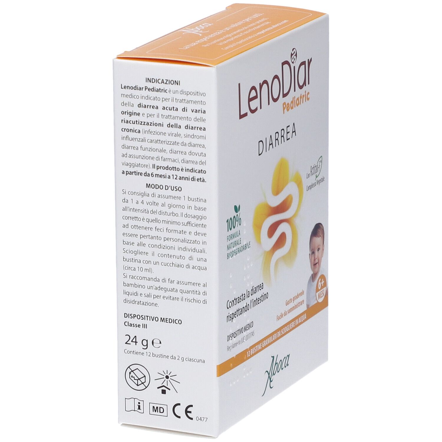 Scatola di Lenodiar Pediatric, Diarrea. Vista laterale. Contiene 12 bustine. Logo Aboca. Per bambini dai 6 mesi.