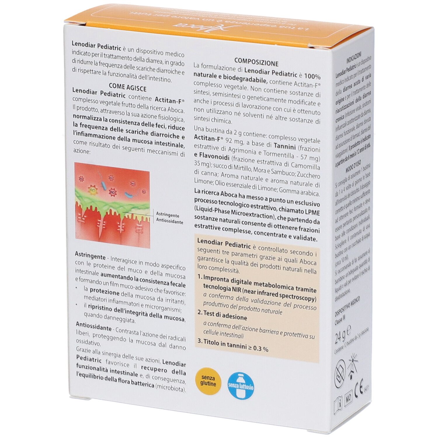 Retro della confezione di Lenodiar Pediatric. Testo sugli ingredienti e il funzionamento. Logo Aboca.