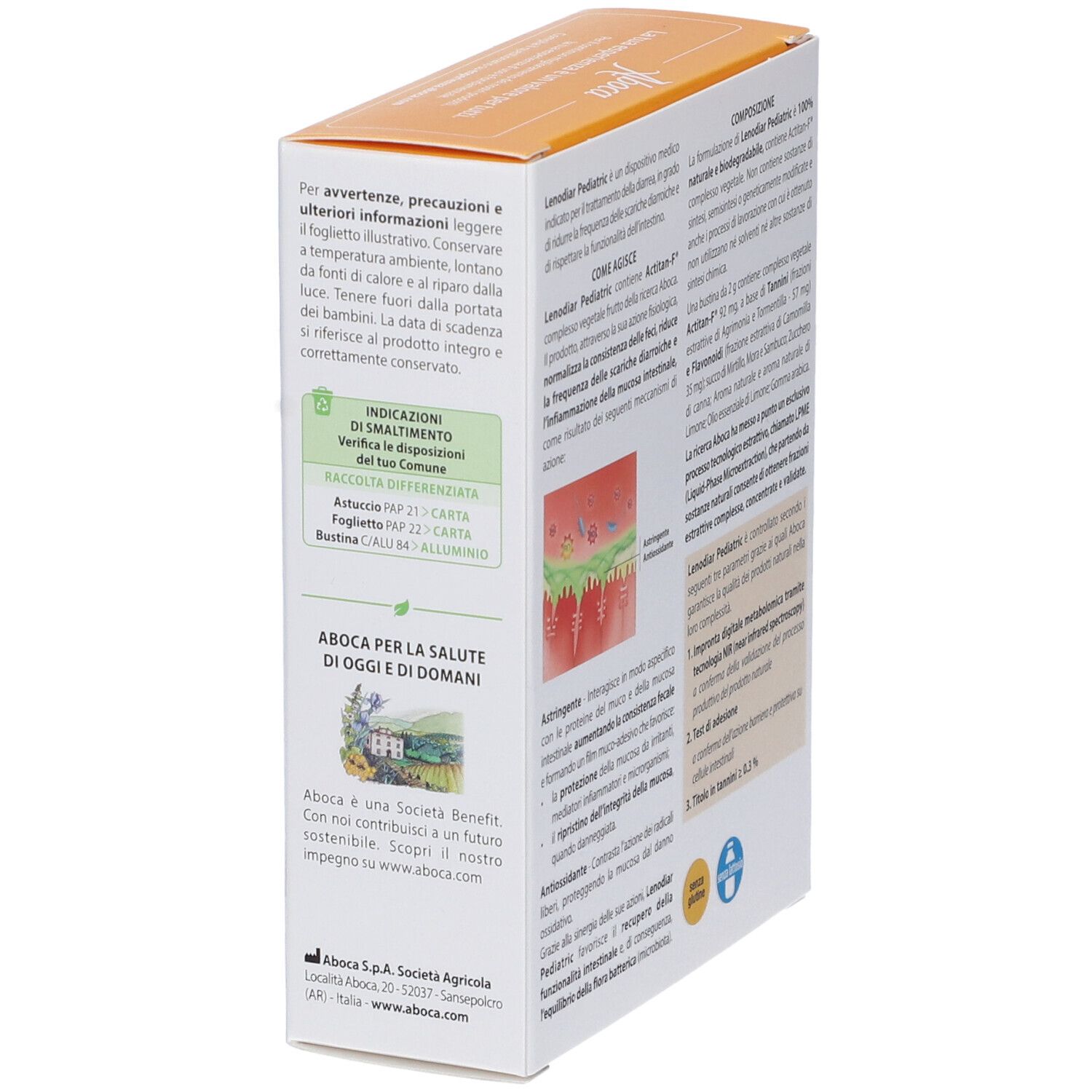 Lato della confezione di Lenodiar Pediatric. Testo sulle precauzioni e il riciclaggio. Logo Aboca.