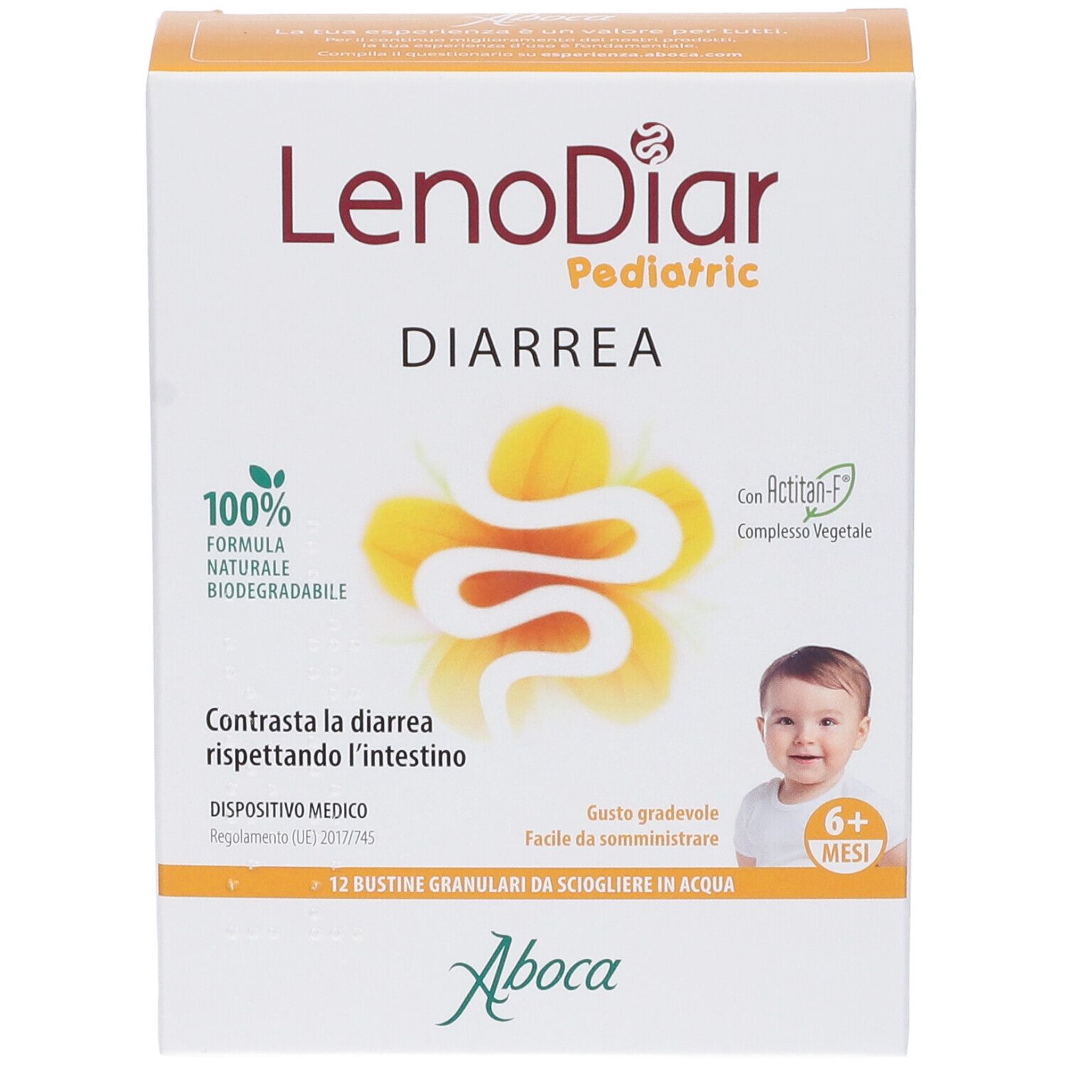 Scatola di Lenodiar Pediatric, Diarrea. Contiene 12 bustine. Logo Aboca. Per bambini dai 6 mesi.