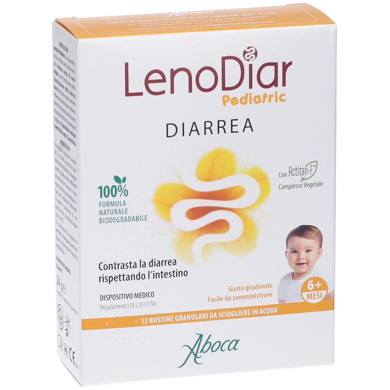 Scatola di Lenodiar Pediatric, Diarrea. Contiene 12 bustine. Logo Aboca. Per bambini dai 6 mesi.
