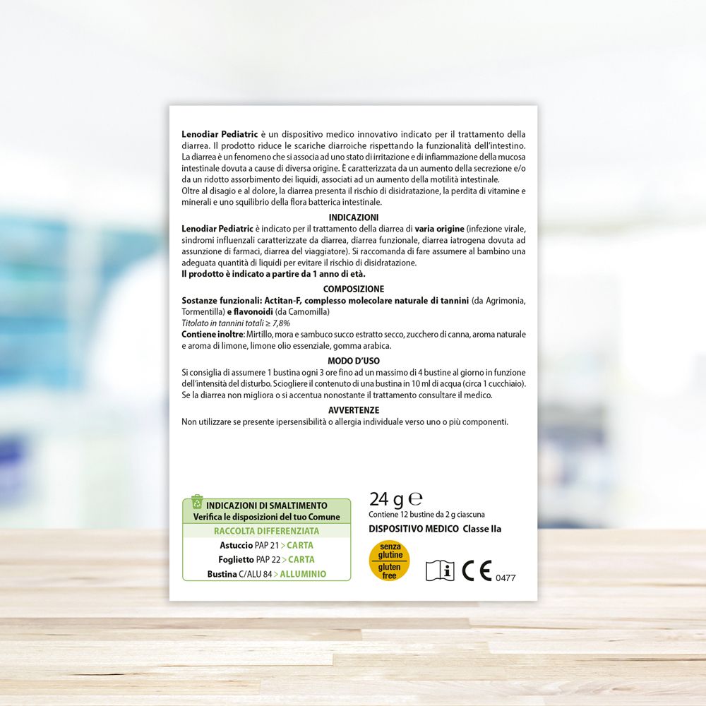 Retro confezione. Testo: Lenodiar Pediatric, 24 g, 12 bustine. Aboca. Dispositivo medico.