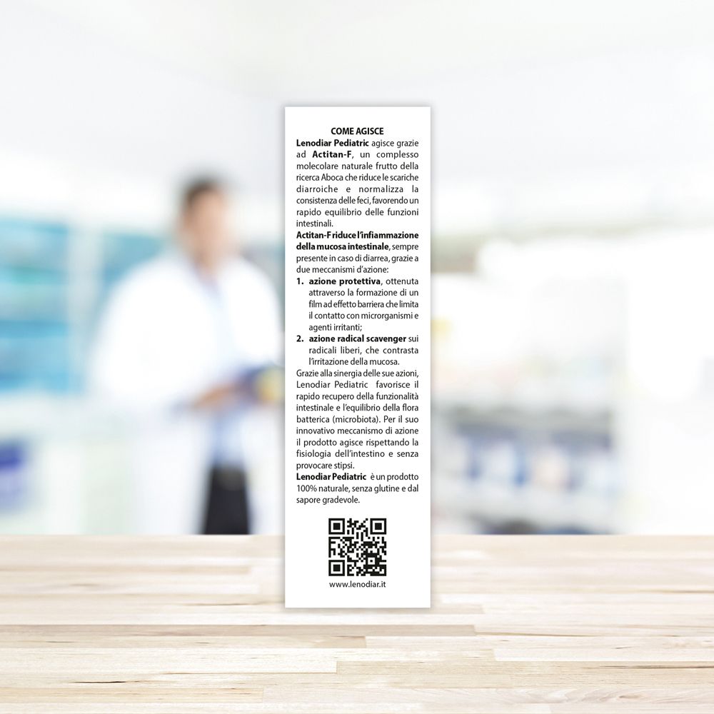Lato della confezione. Testo: Lenodiar Pediatric, Aboca. Come agisce. Senza glutine.