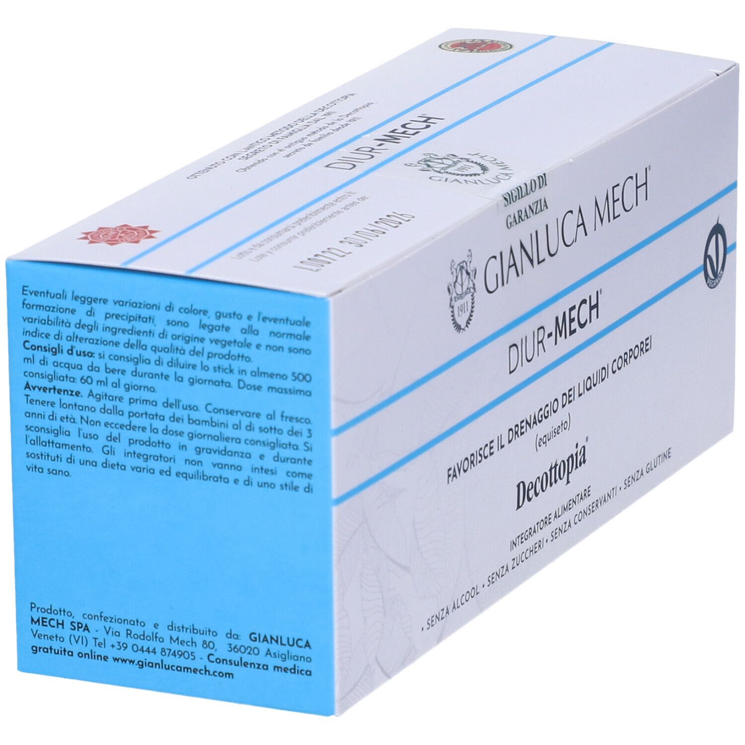 Scatola bianca e blu. Scritte: GIANLUCA MECH, DIUR-MECH, Decottopia. Contiene un integratore alimentare.