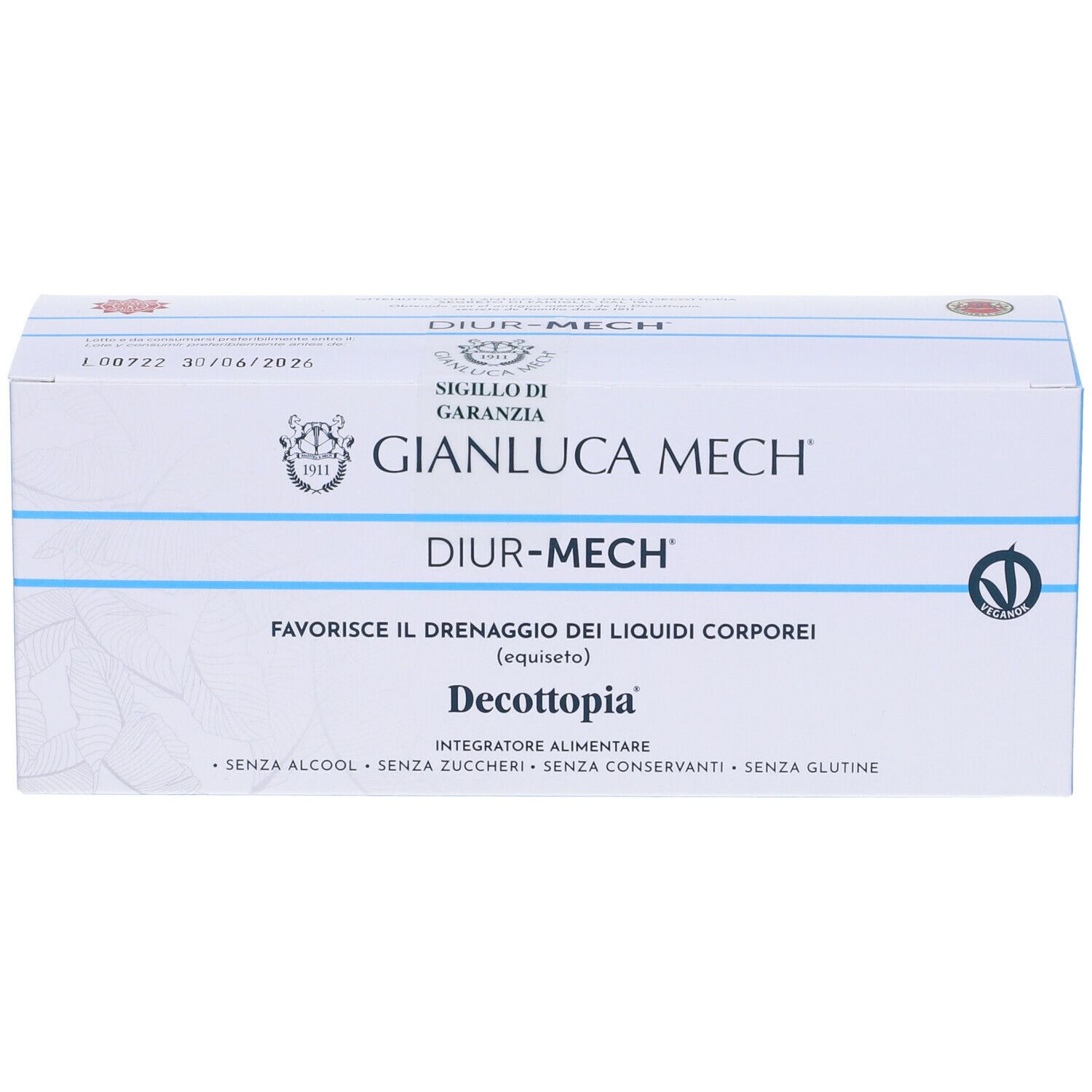 Scatola bianca e blu. Scritte: GIANLUCA MECH, DIUR-MECH, Decottopia. Contiene un integratore alimentare.