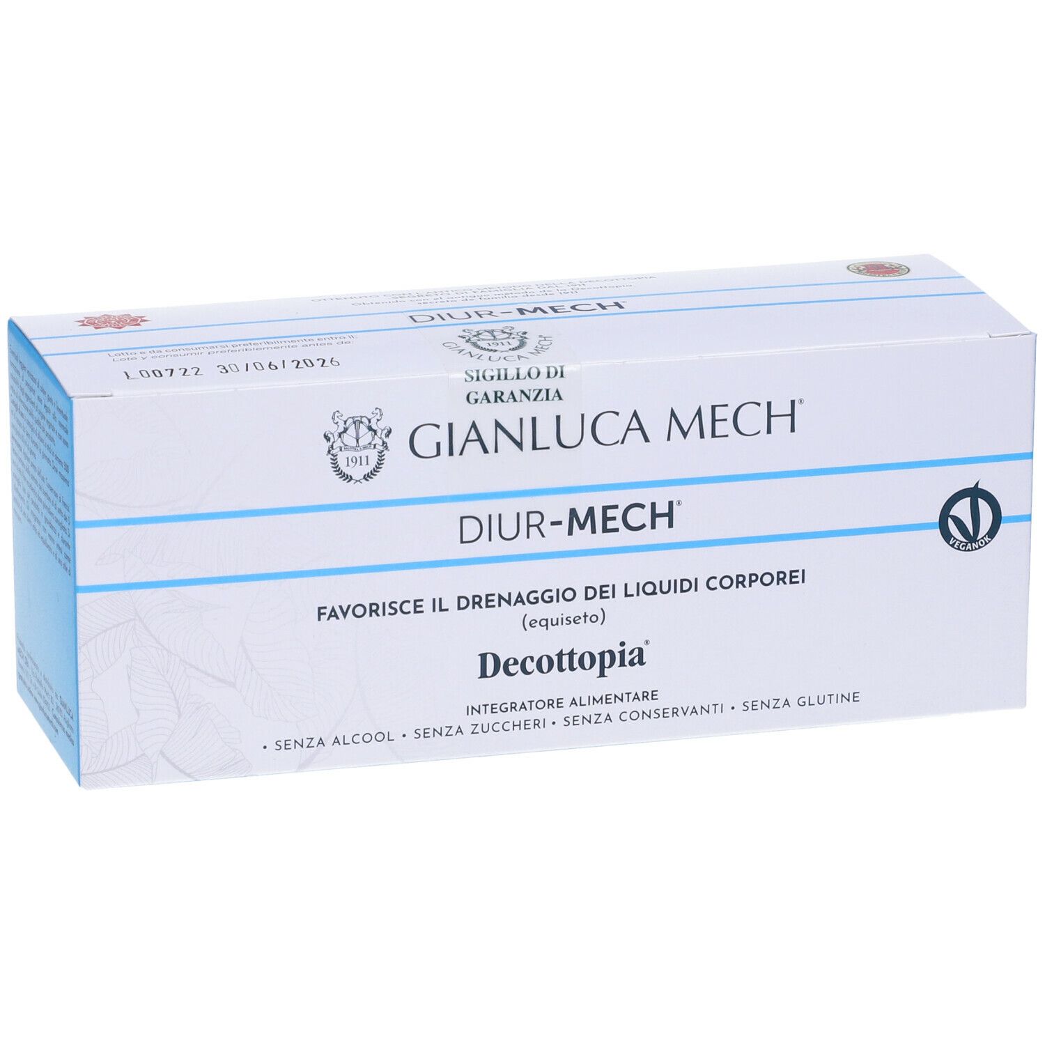 Scatola bianca e blu. Scritte: GIANLUCA MECH, DIUR-MECH, Decottopia. Contiene un integratore alimentare.