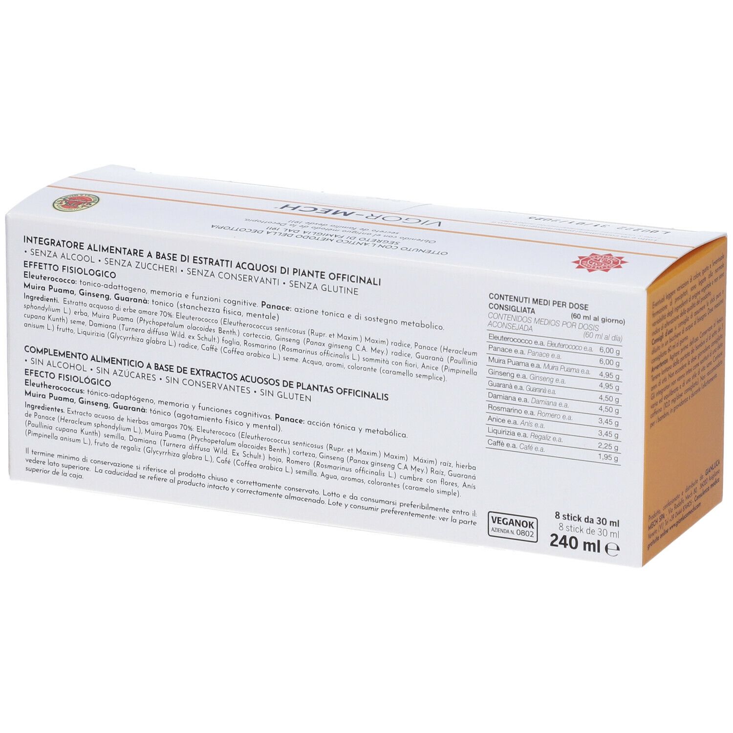 Retro della scatola bianca con scritta VIGOR-MECH. Testo in italiano. Accento arancione.