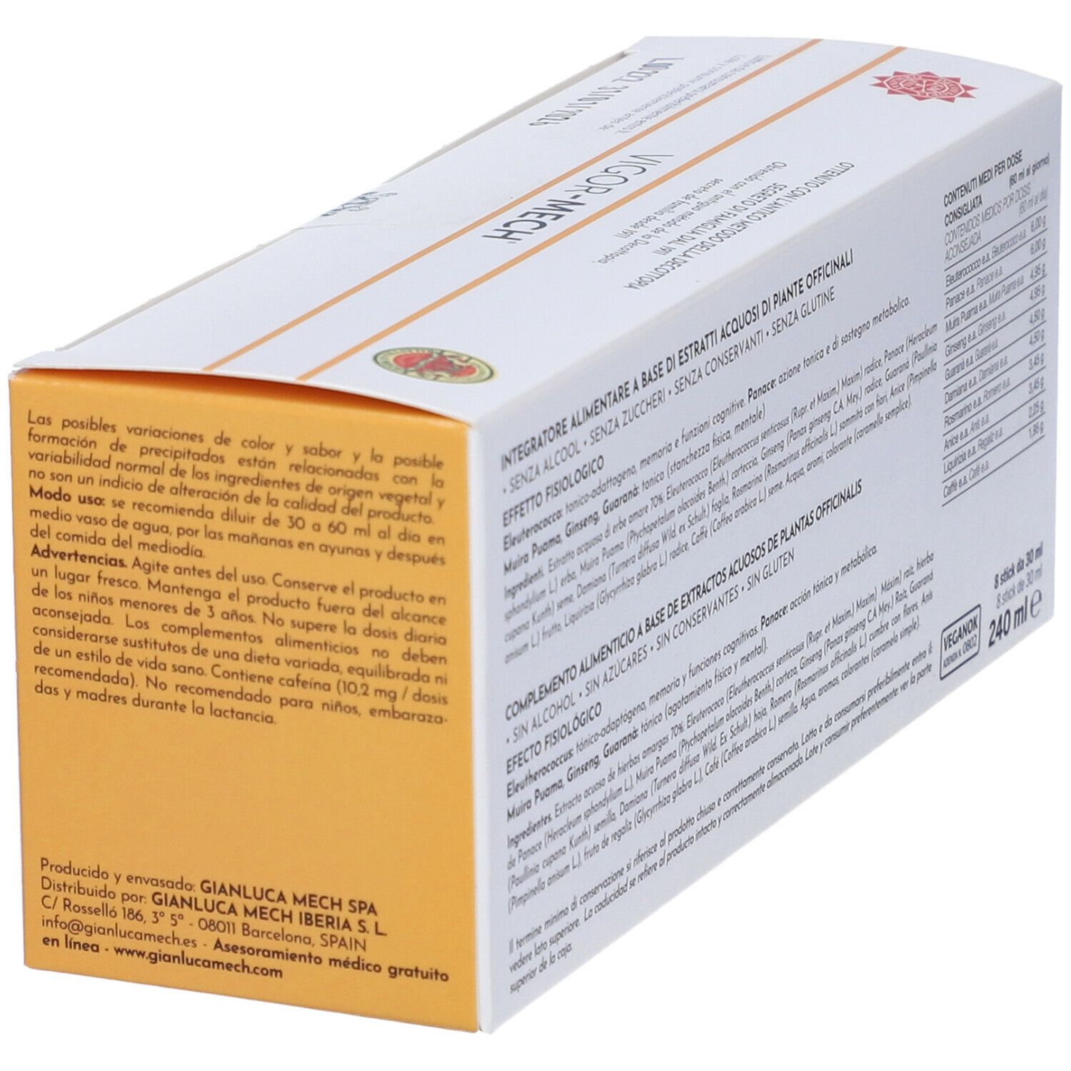 Scatola bianca con scritta VIGOR-MECH. Testo in italiano. Accento arancione. Scritte con ingredienti.