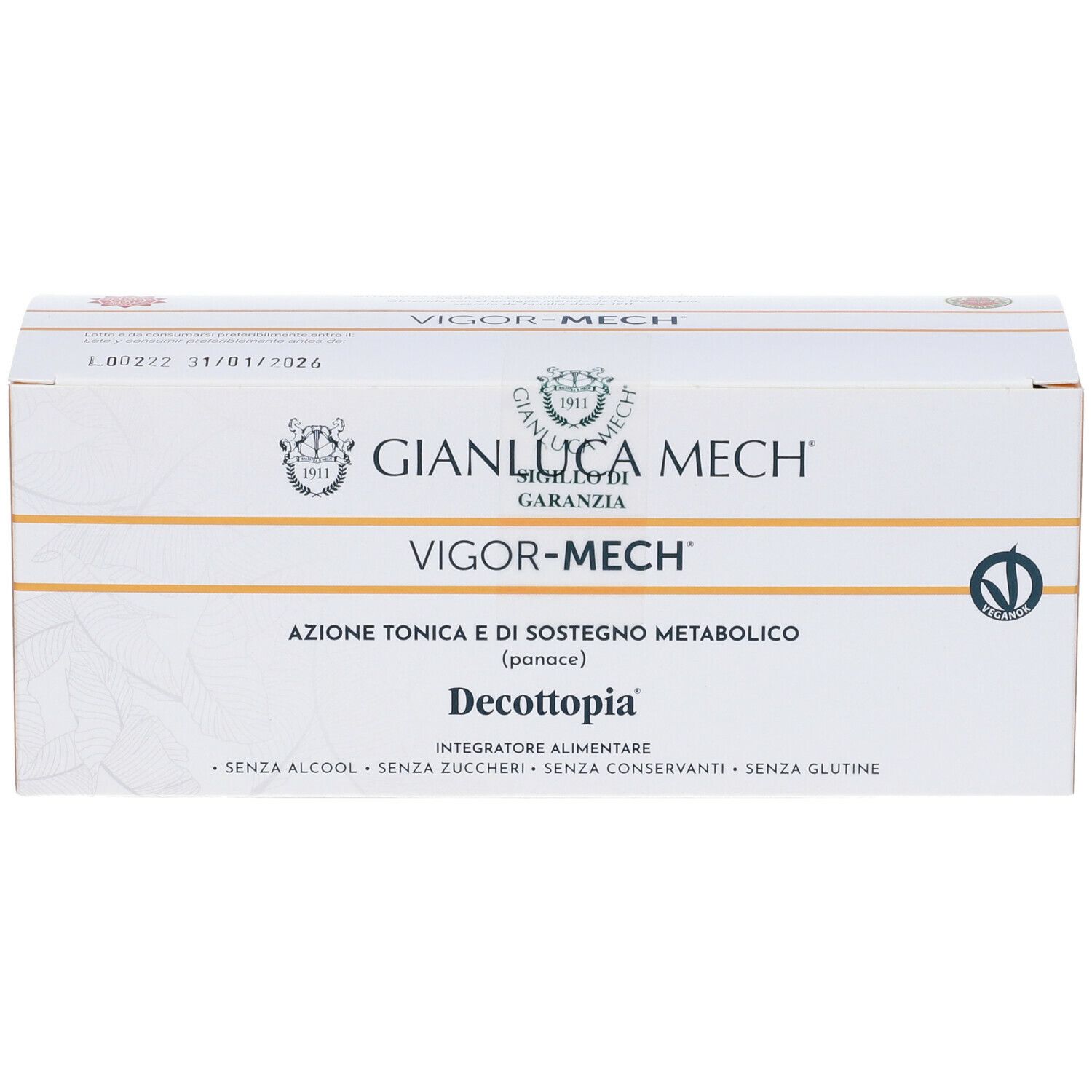Scatola bianca con scritta GIANLUCA MECH e VIGOR-MECH. Testo in italiano. Sigillo di qualità verde.