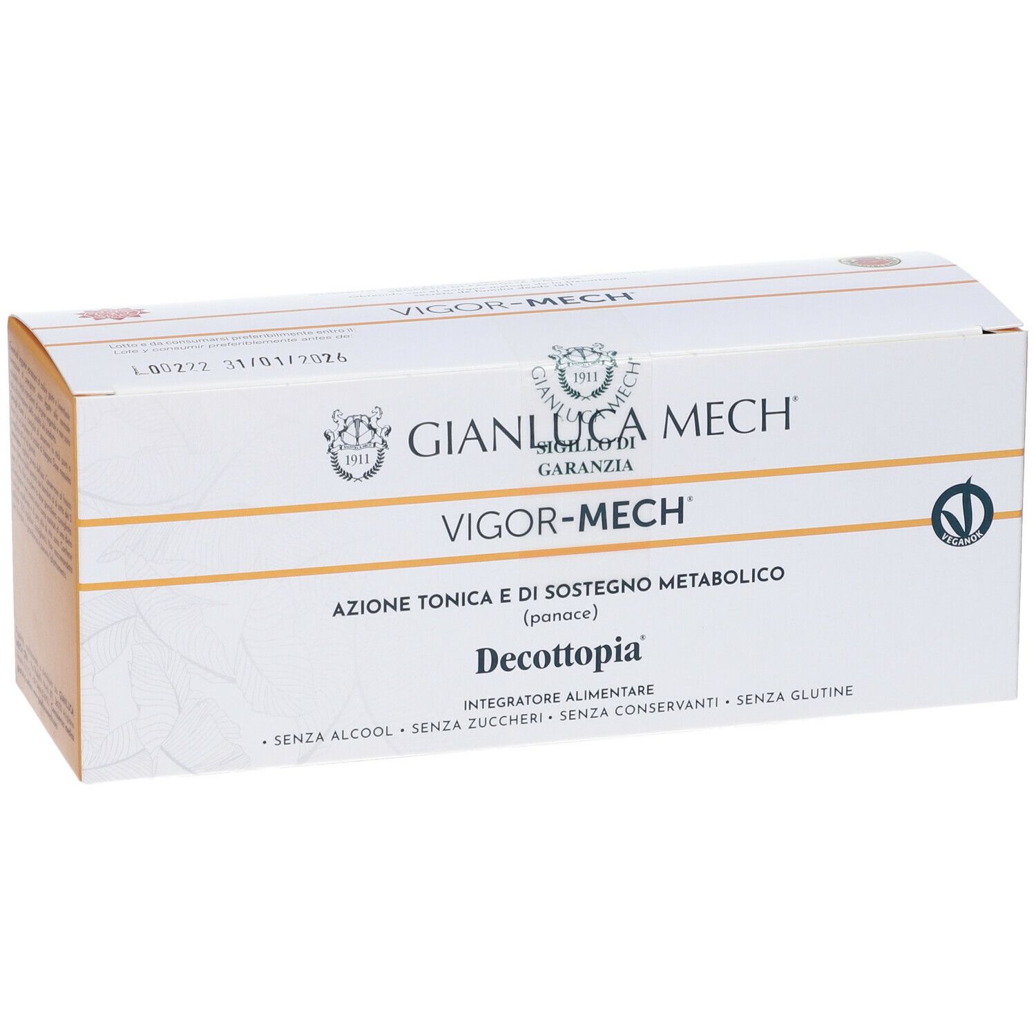 Scatola bianca con scritta GIANLUCA MECH e VIGOR-MECH. Testo in italiano. Sigillo di qualità verde.