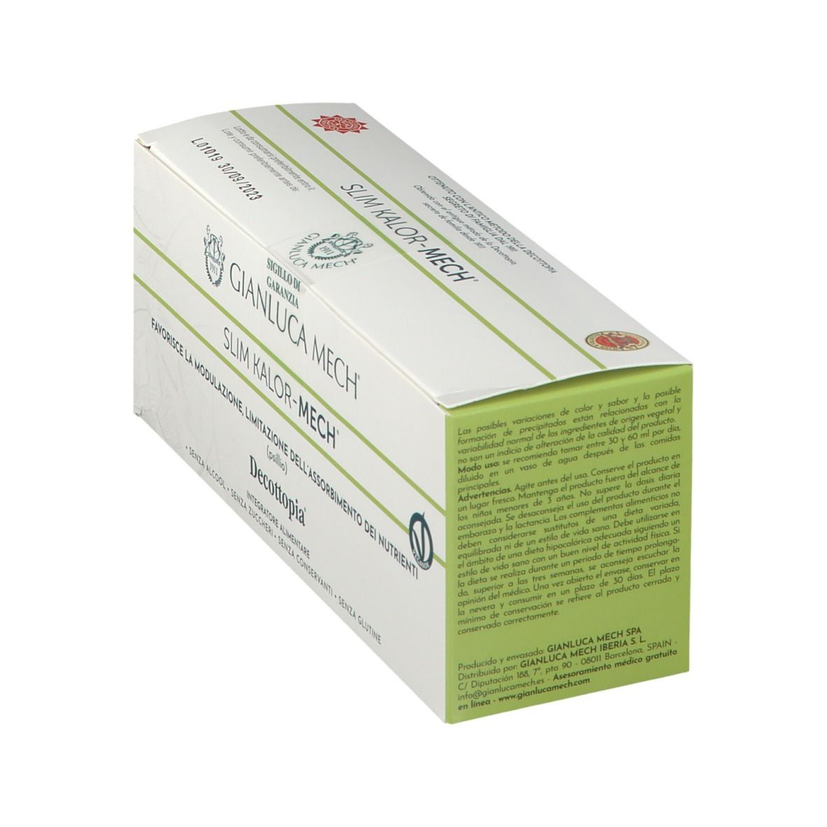 Scatola bianca con dettagli verdi. Scritto: GIANLUCA MECH, SLIM KALOR-MECH, Decottopia. Testo e loghi.
