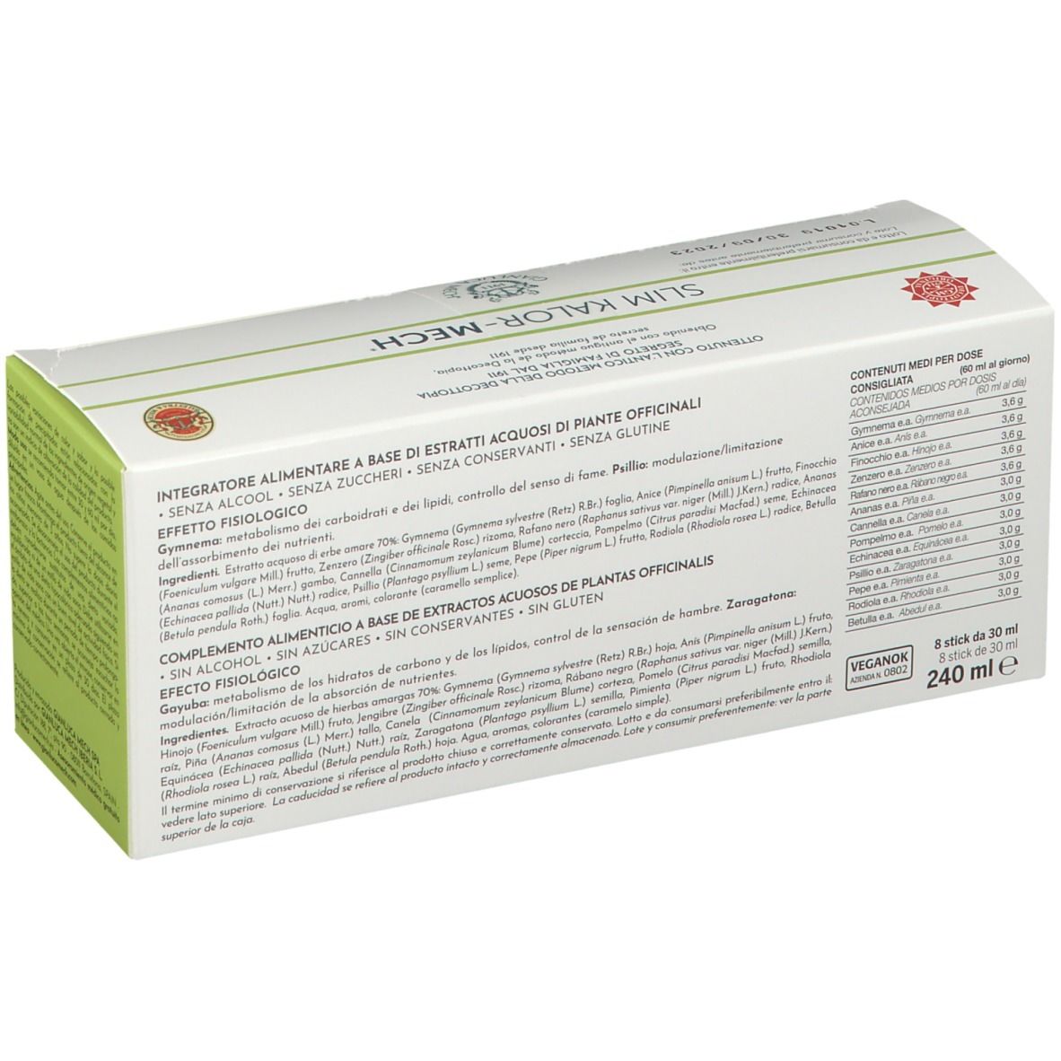 Scatola bianca con dettagli verdi. Scritto: SLIM KALOR-MECH, testo e informazioni. Loghi e sigilli.