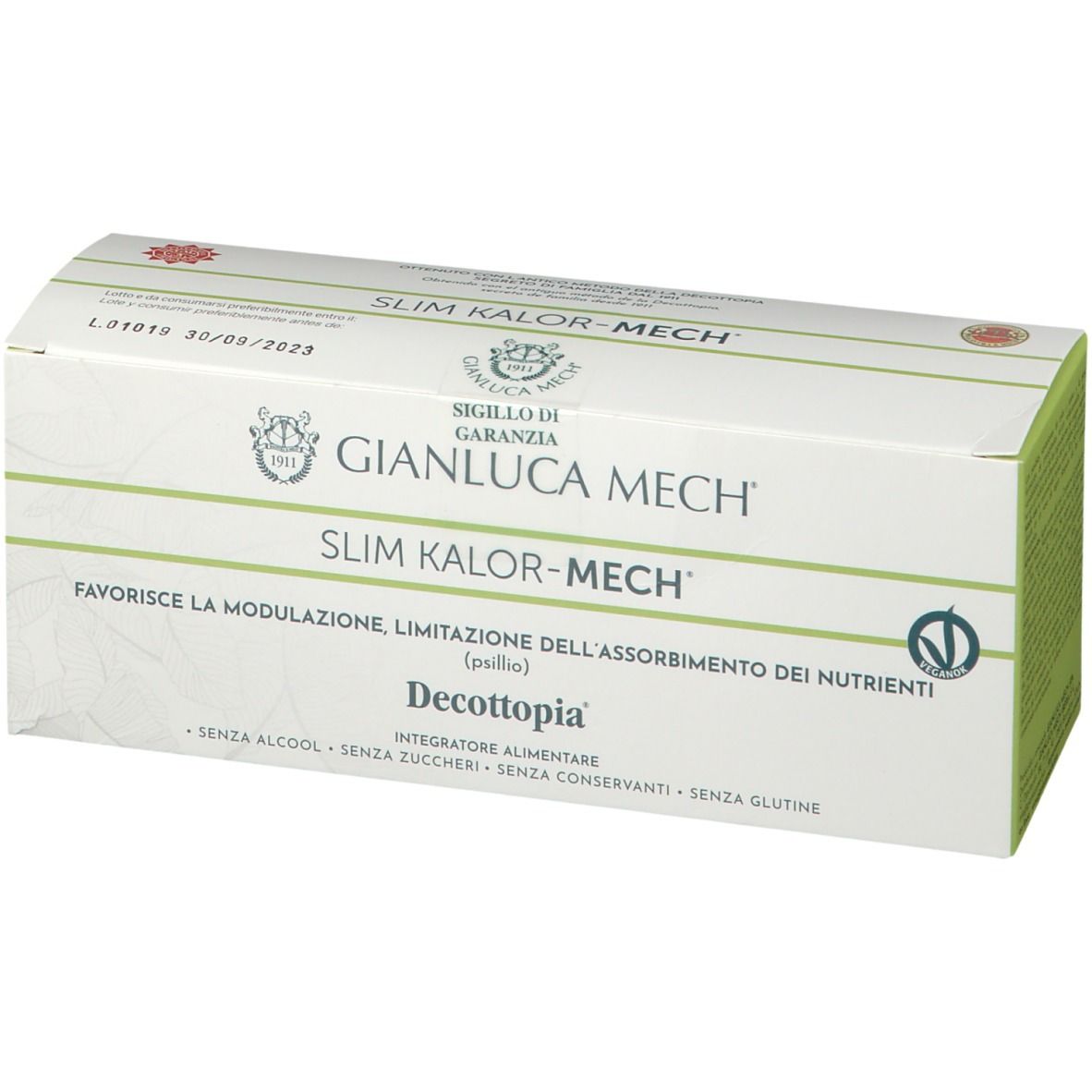 Scatola bianca con dettagli verdi. Scritto: GIANLUCA MECH, SLIM KALOR-MECH, Decottopia. Sigilli e loghi.