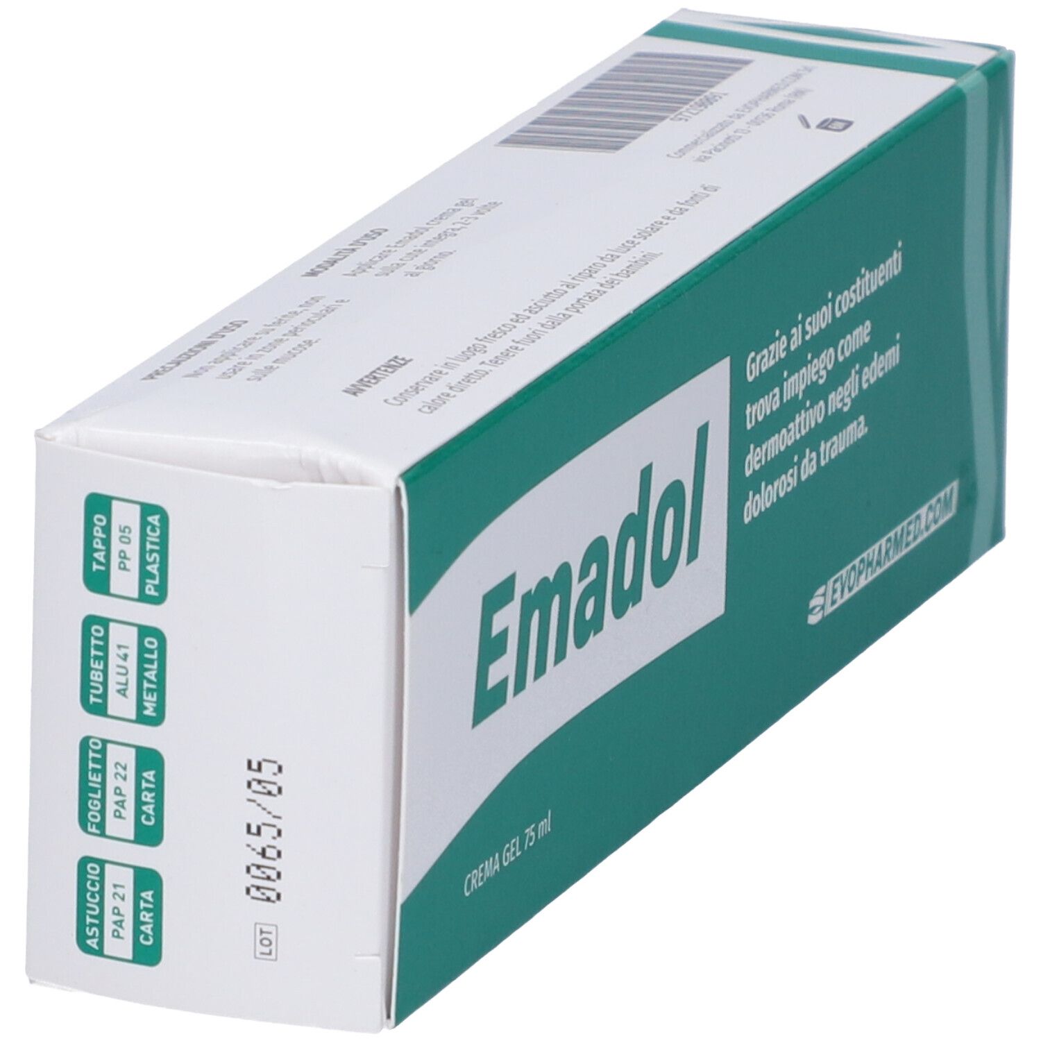 Confezione Emadol Crema Gel 75 ml. Vista laterale con dettagli sulla composizione dei materiali della confezione.
