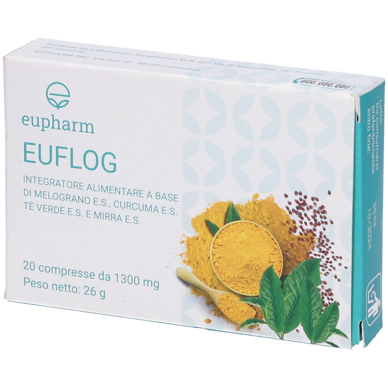 Scatola con 20 compresse. Scritta: EUFLOG, integratore alimentare. Marchio: Eupharm. Illustrazione di erbe.