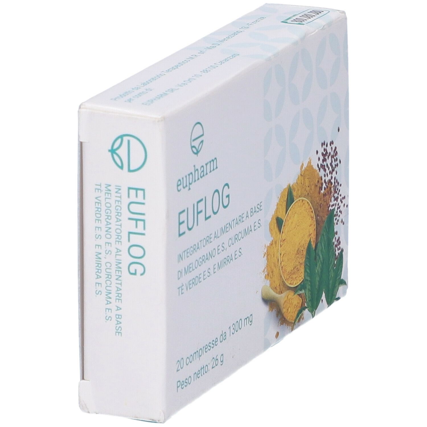 Scatola con 20 compresse. Scritta: EUFLOG, integratore alimentare. Marchio: Eupharm. Vista laterale.