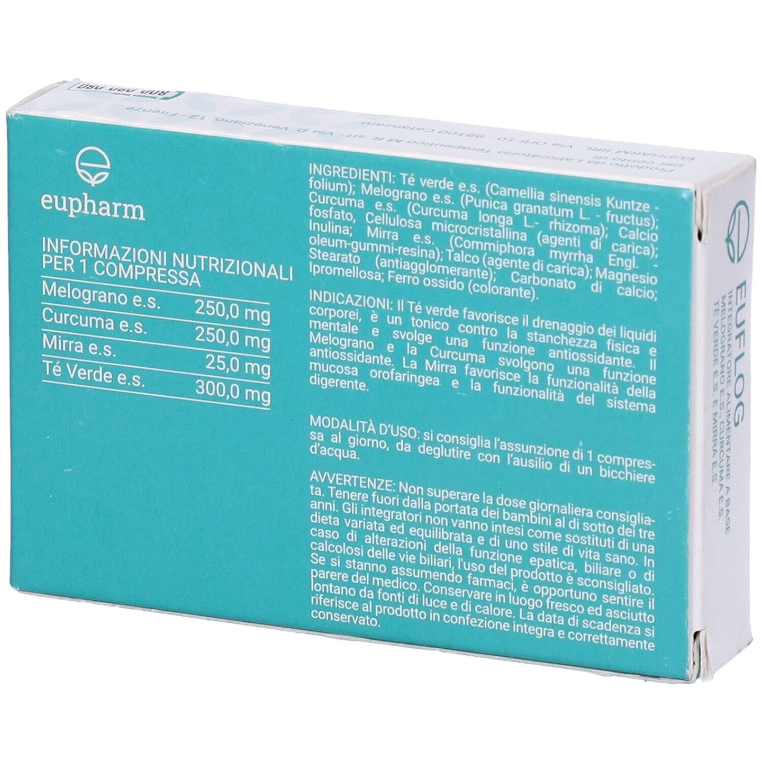 Retro della scatola con 20 compresse. Scritta: EUFLOG, ingredienti, istruzioni per l'uso. Marchio: Eupharm.