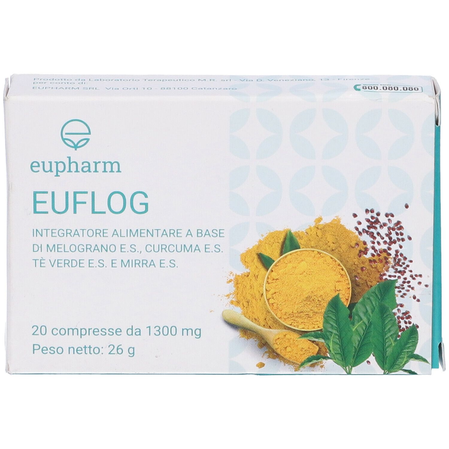 Scatola con 20 compresse. Scritta: EUFLOG, integratore alimentare. Marchio: Eupharm. Illustrazione di erbe.
